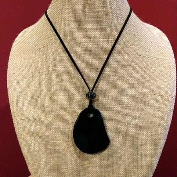 None Jewelry - Fashion Jewelry - Statement Piece Necklace - Large Black Stone on Leather Strap